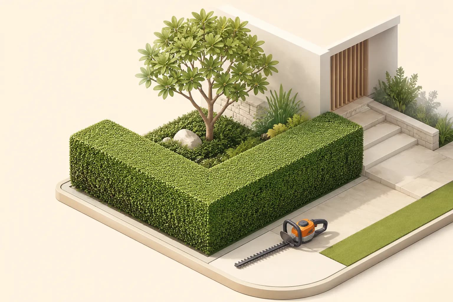 Illustration of a neatly trimmed hedge with hedge-trimming equipment