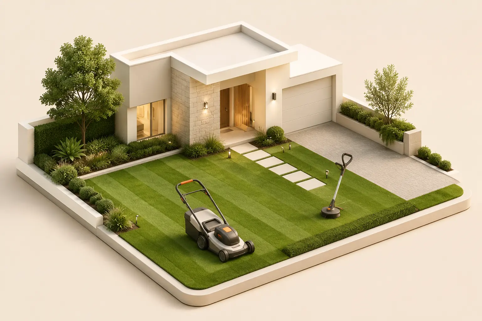 Illustration of a freshly mown lawn with a mower and edging tool