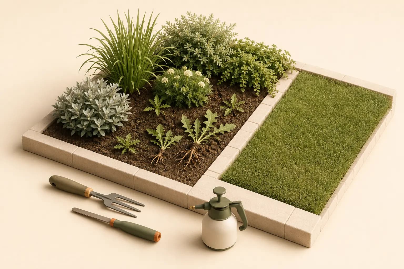 Illustration of lawn and garden weeding tools beside a garden bed
